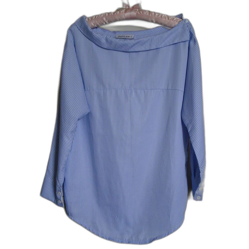 Style 911 Women Cowlboat Neck Blouse Top Size M Blue Striped Long Sleeve